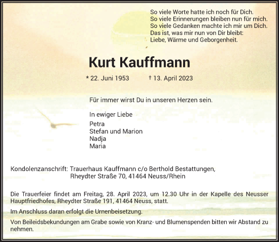 Traueranzeige von Kurt Kauffmann von Rheinische Post