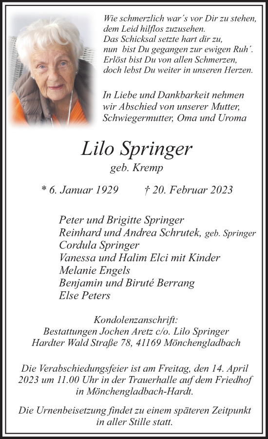 Traueranzeige von Lilo Springer von Rheinische Post