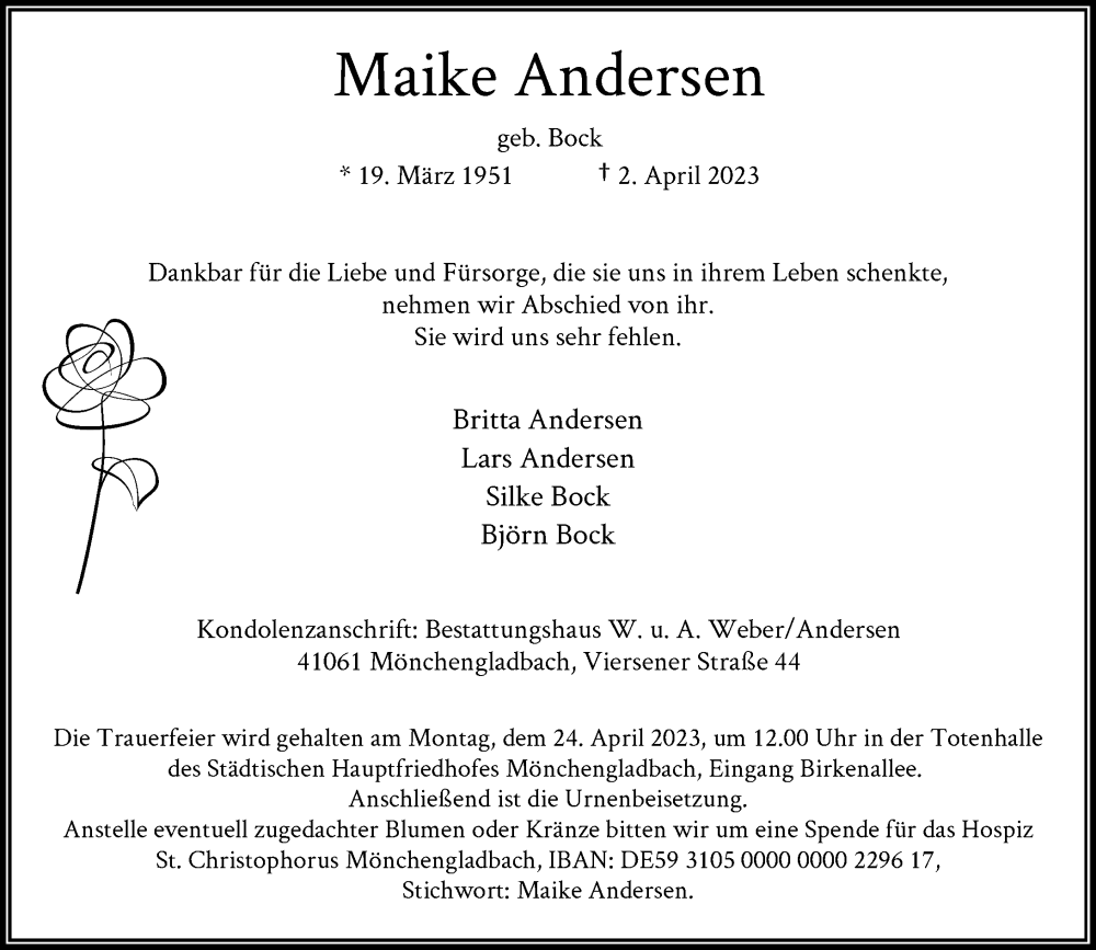 Traueranzeige für Maike Andersen vom 15.04.2023 aus Rheinische Post