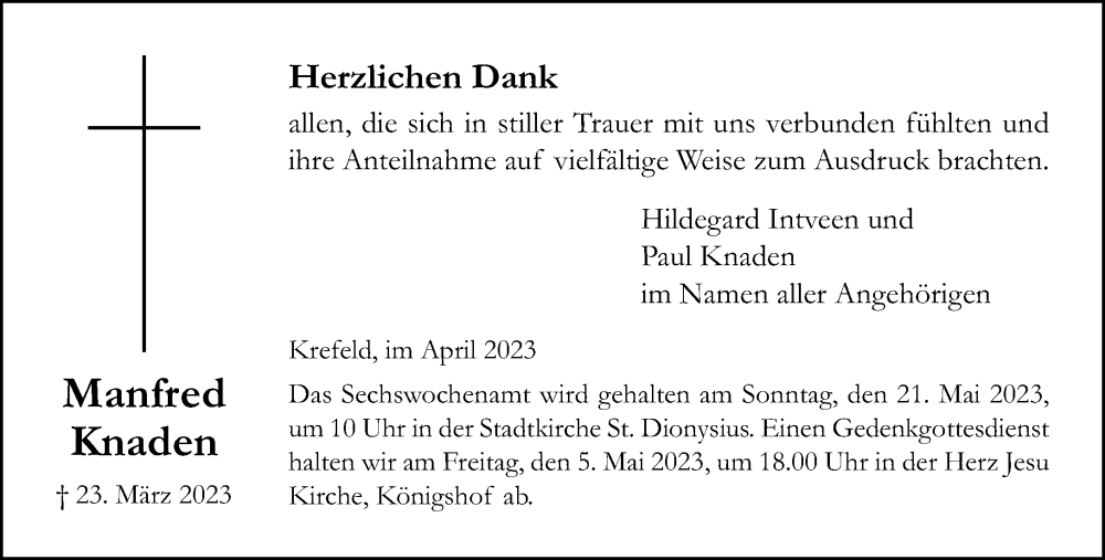  Traueranzeige für Manfred Knaden vom 29.04.2023 aus Rheinische Post
