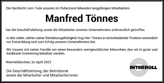 Traueranzeige von Manfred Tönnes von Rheinische Post
