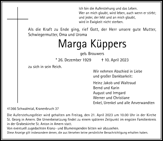 Traueranzeige von Marga Küppers von Rheinische Post