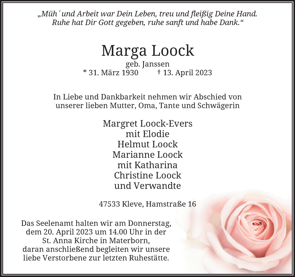  Traueranzeige für Marga Loock vom 15.04.2023 aus Rheinische Post
