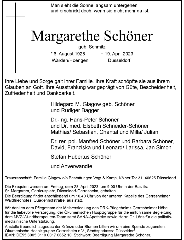  Traueranzeige für Margarethe Schöner vom 26.04.2023 aus Rheinische Post