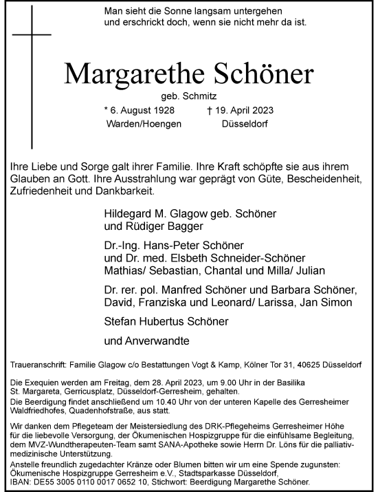 Traueranzeige von Margarethe Schöner von Rheinische Post
