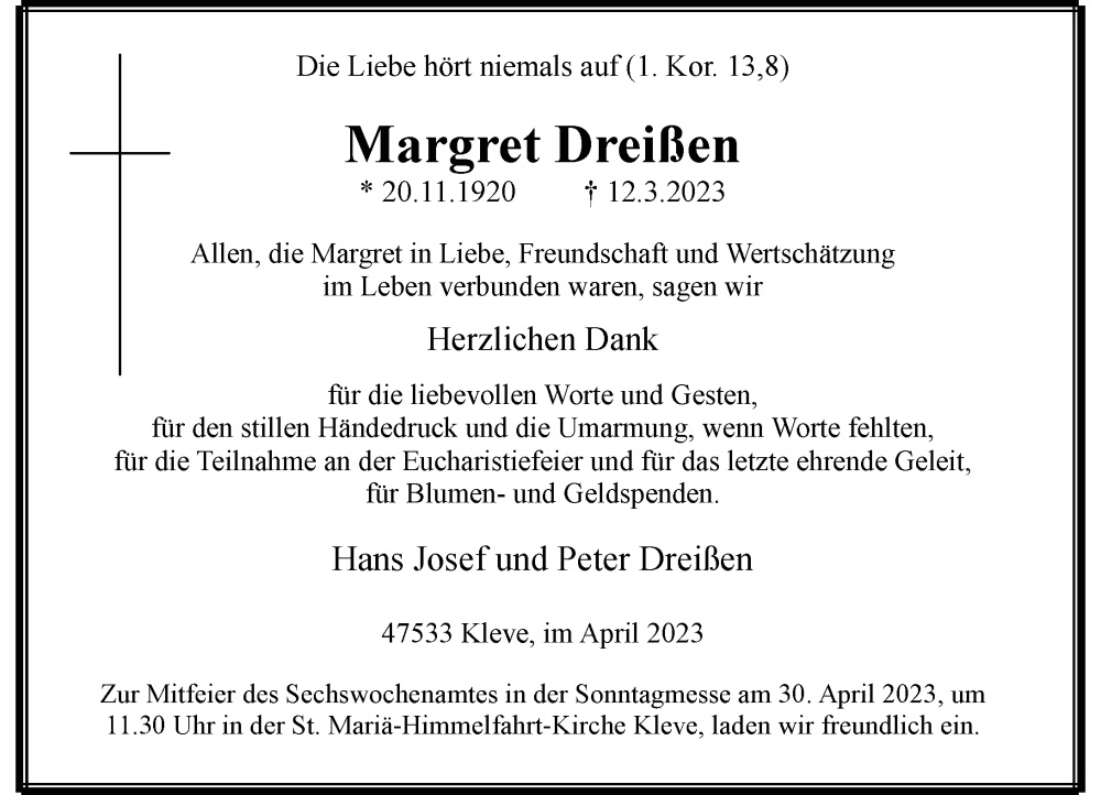  Traueranzeige für Margret Dreißen vom 22.04.2023 aus Rheinische Post