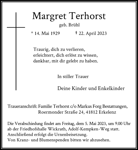 Traueranzeige von Margret Terhorst von Rheinische Post
