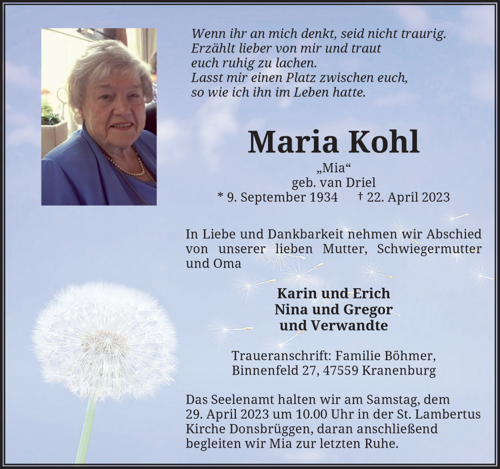  Traueranzeige für Maria Kohl vom 26.04.2023 aus Rheinische Post