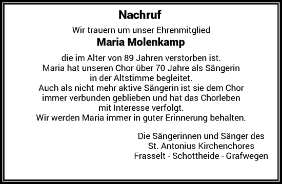 Traueranzeige von Maria Molenkamp von Rheinische Post