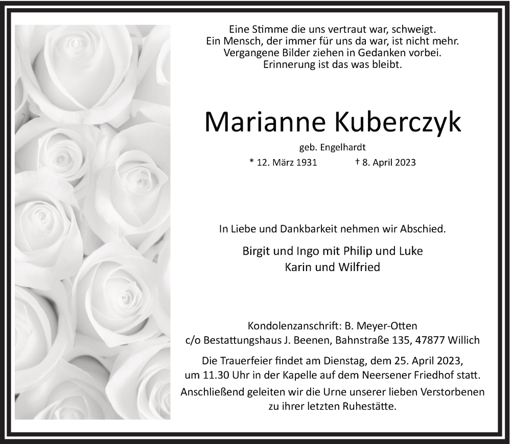  Traueranzeige für Marianne Kuberczyk vom 22.04.2023 aus Rheinische Post