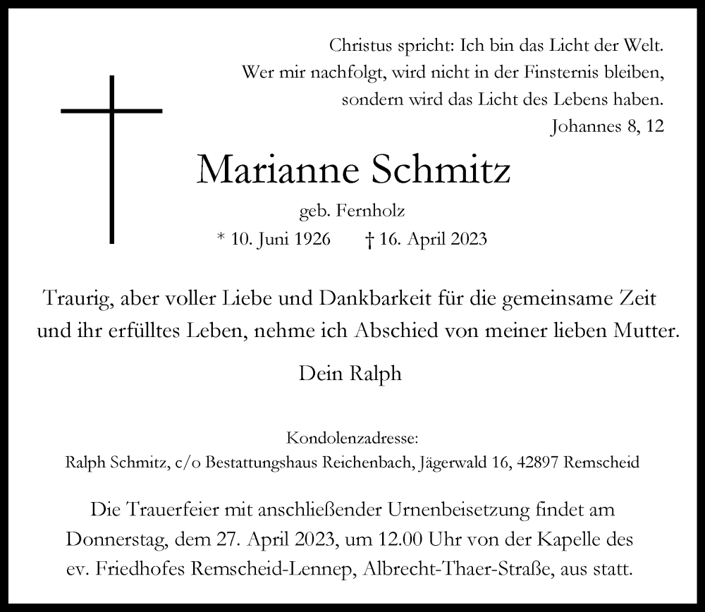  Traueranzeige für Marianne Schmitz vom 22.04.2023 aus Rheinische Post
