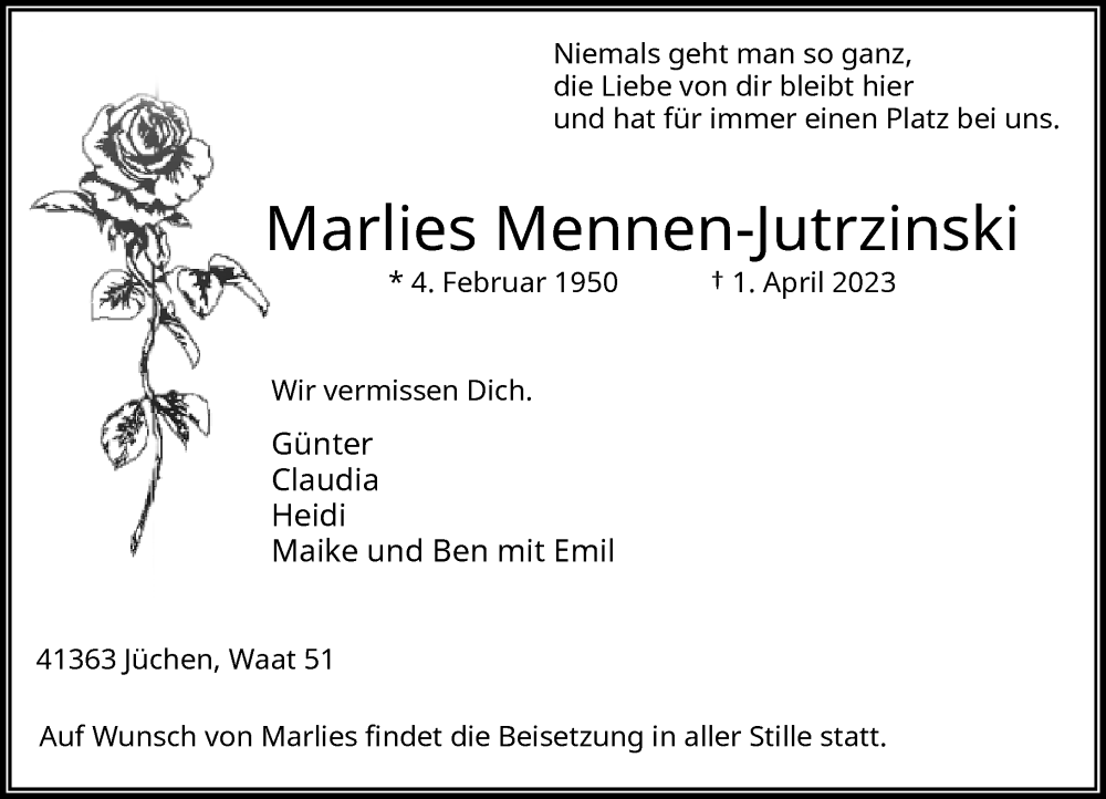  Traueranzeige für Marlies Mennen-Jutrzinski vom 08.04.2023 aus Rheinische Post