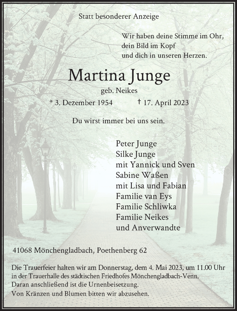  Traueranzeige für Martina Junge vom 29.04.2023 aus Rheinische Post