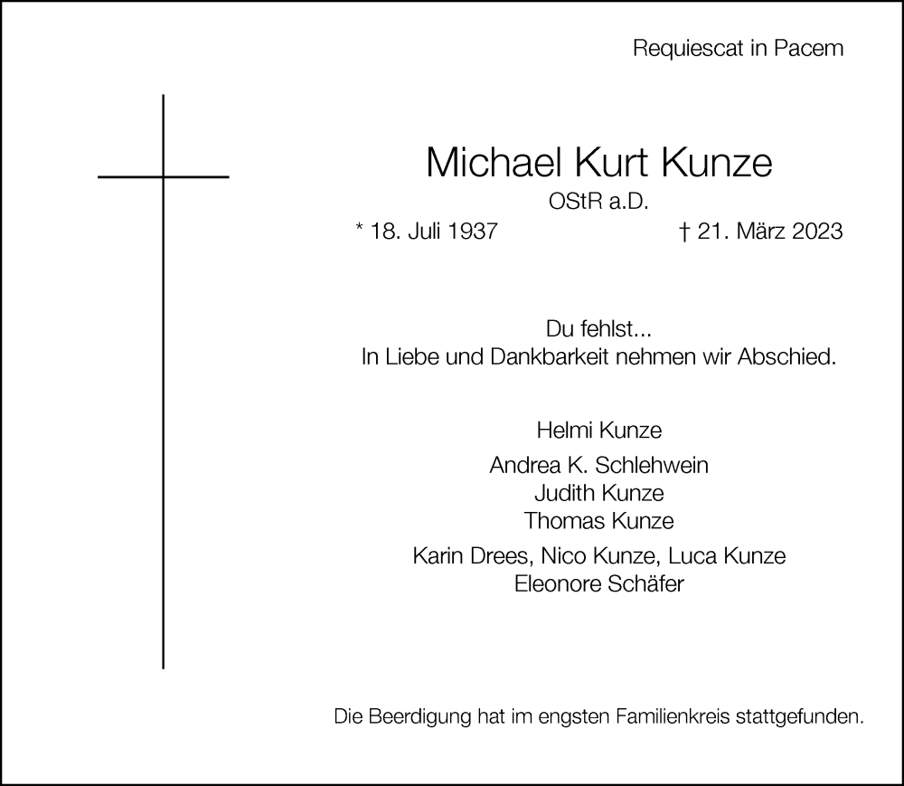  Traueranzeige für Michael Kurt Kunze vom 01.04.2023 aus Rheinische Post