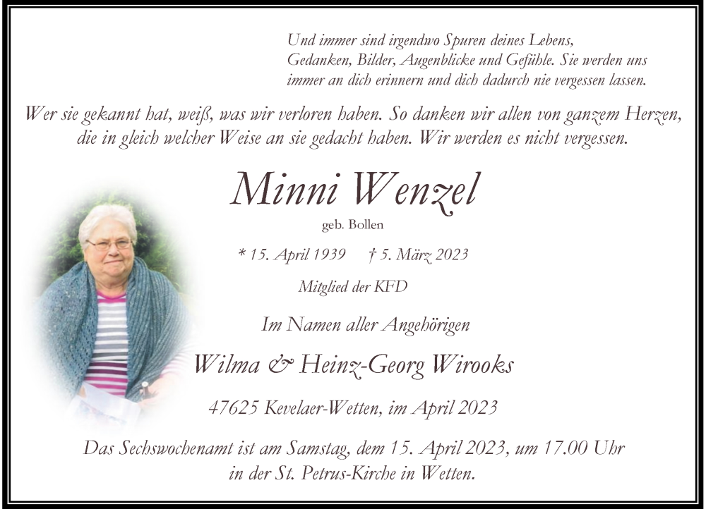  Traueranzeige für Minni Wenzel vom 08.04.2023 aus Rheinische Post