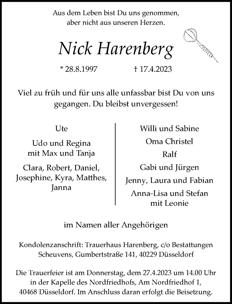  Traueranzeige für Nick Harenberg vom 22.04.2023 aus Rheinische Post