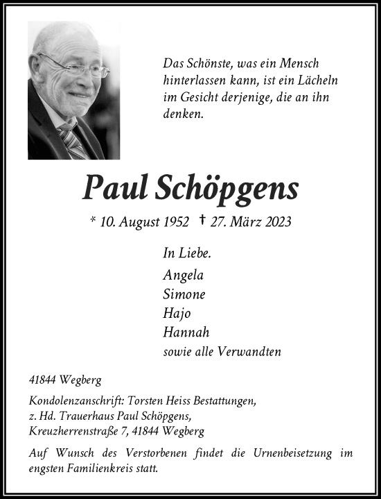 Traueranzeige von Paul Schöpgens von Rheinische Post