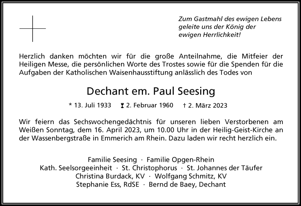  Traueranzeige für Paul Seesing vom 08.04.2023 aus Rheinische Post