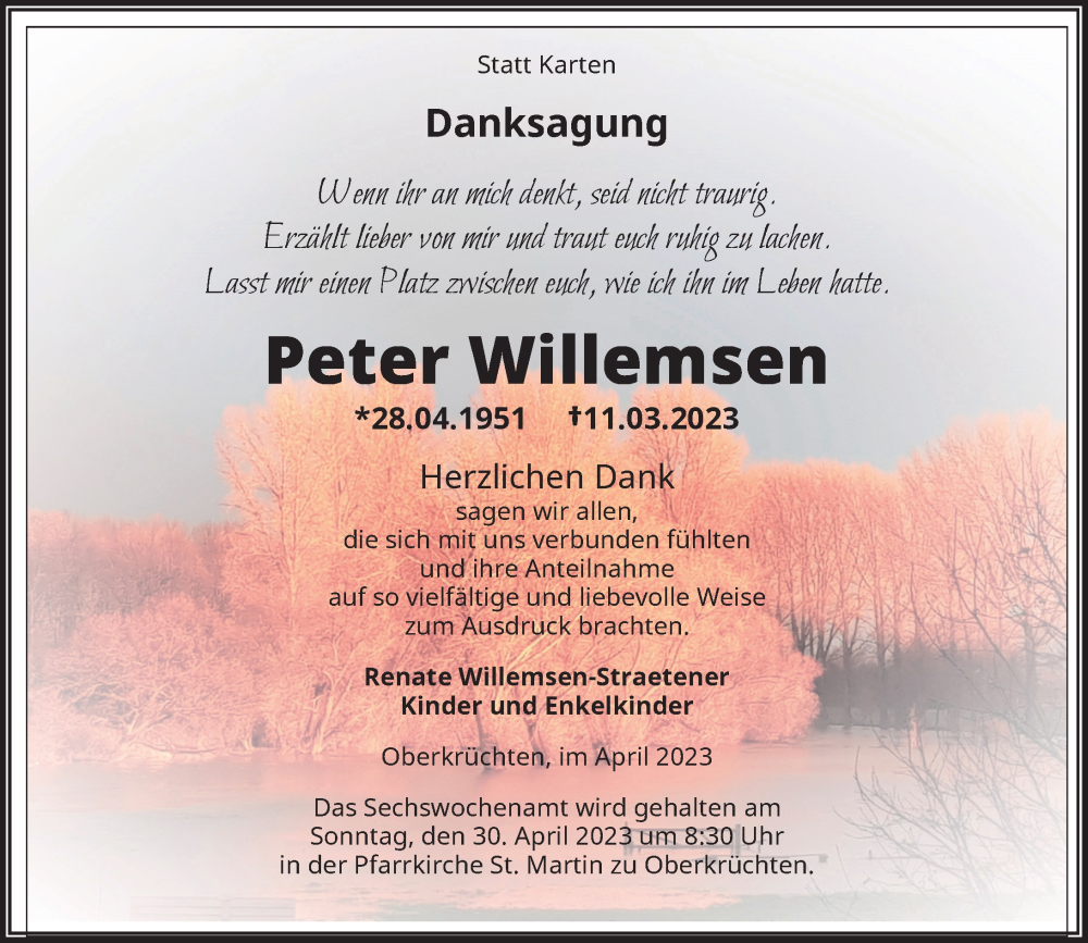  Traueranzeige für Peter Willemsen vom 22.04.2023 aus Rheinische Post