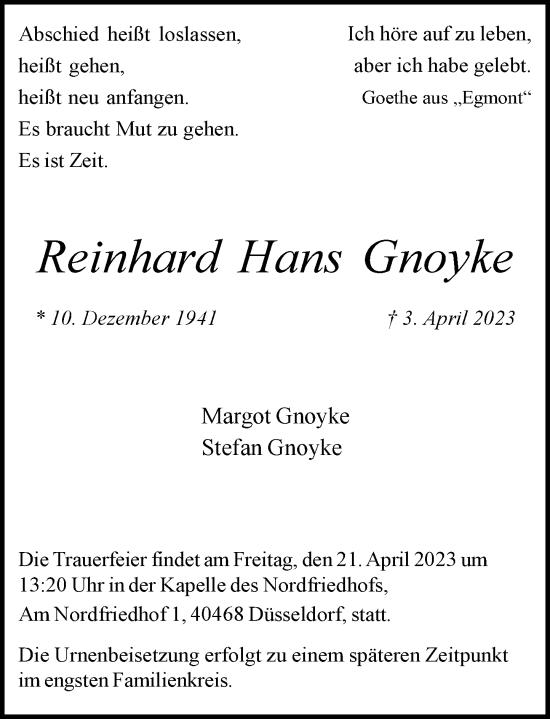 Traueranzeige von Reinhard Hans Gnoyke von Rheinische Post