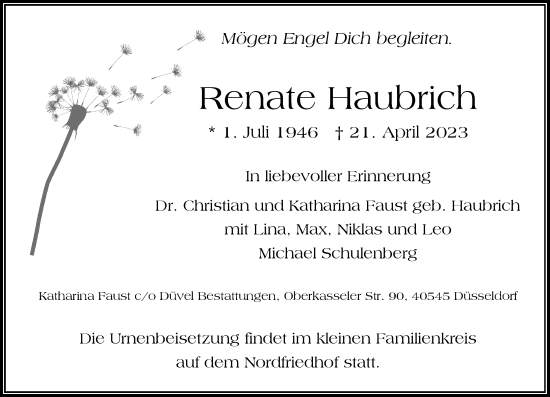 Traueranzeige von Renate Haubrich von Rheinische Post