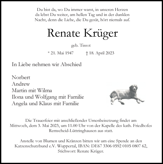 Traueranzeige von Renate Krüger von Rheinische Post