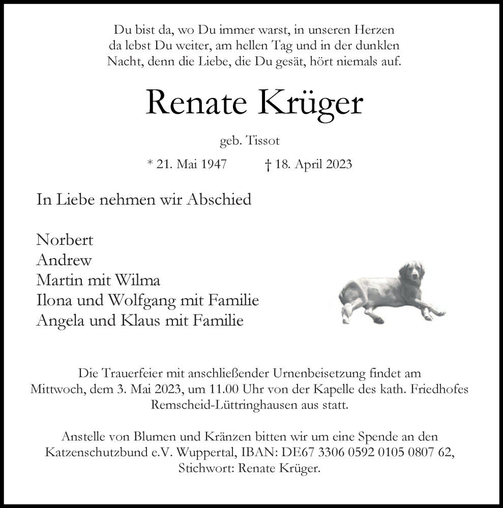 Traueranzeige für Renate Krüger vom 29.04.2023 aus Rheinische Post