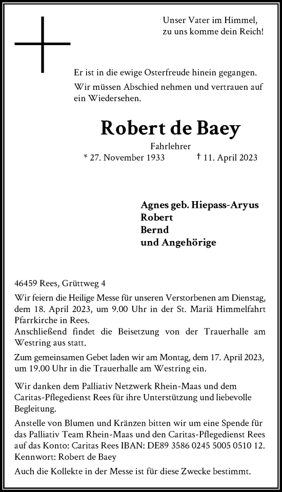 Traueranzeige von Robert de Baey von Rheinische Post