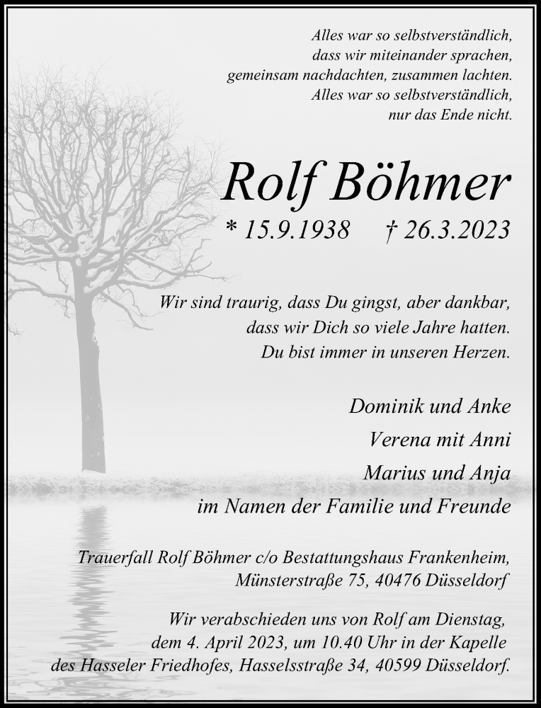  Traueranzeige für Rolf Böhmer vom 01.04.2023 aus Rheinische Post