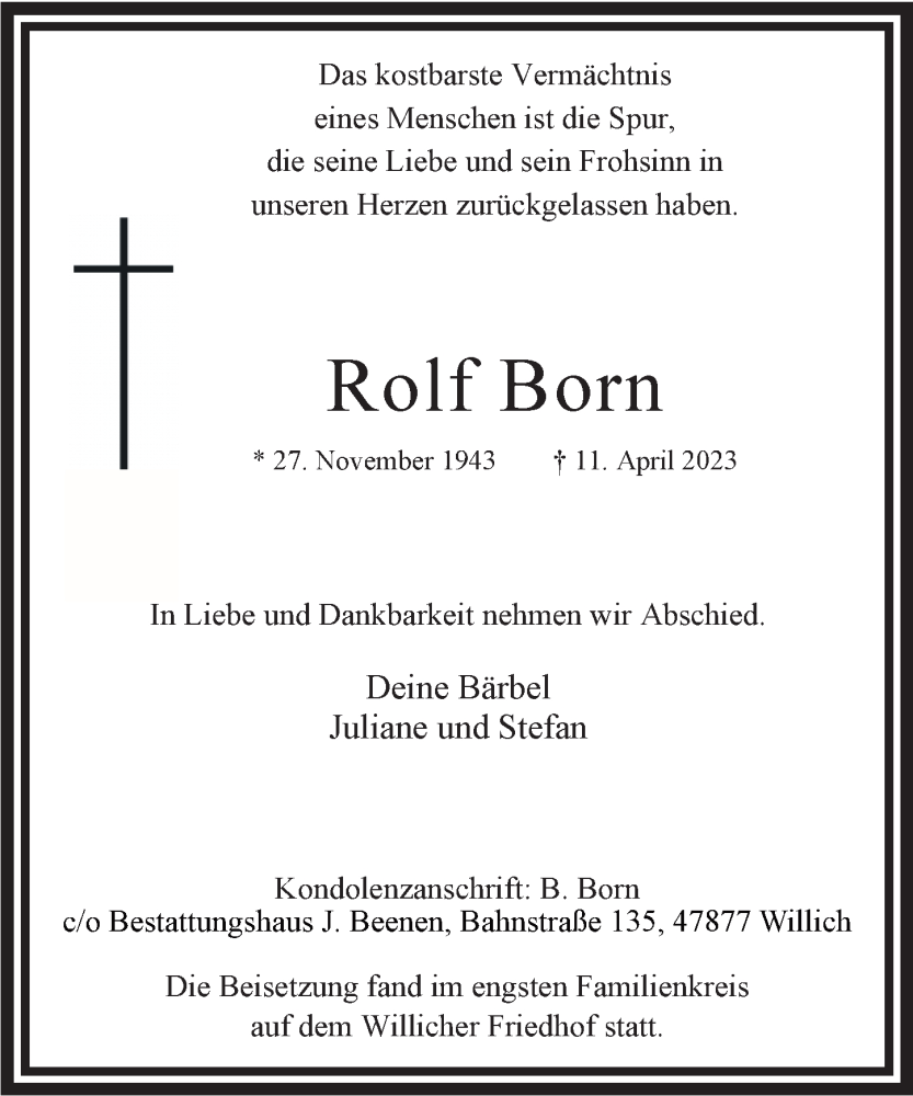  Traueranzeige für Rolf Born vom 29.04.2023 aus Rheinische Post