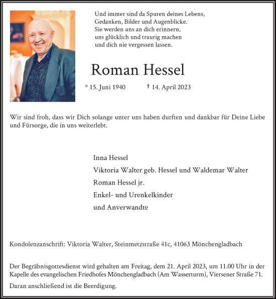 Traueranzeige von Roman Hessel von Rheinische Post