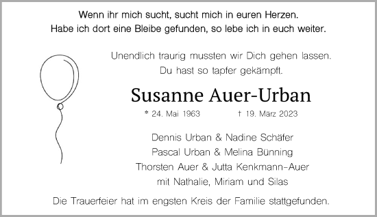 Traueranzeige von Susanne Auer-Urban von Rheinische Post