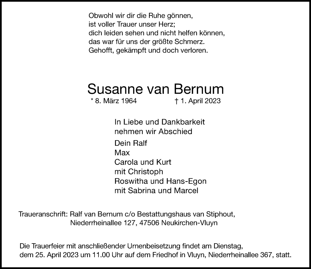  Traueranzeige für Susanne van Bernum vom 14.04.2023 aus Rheinische Post