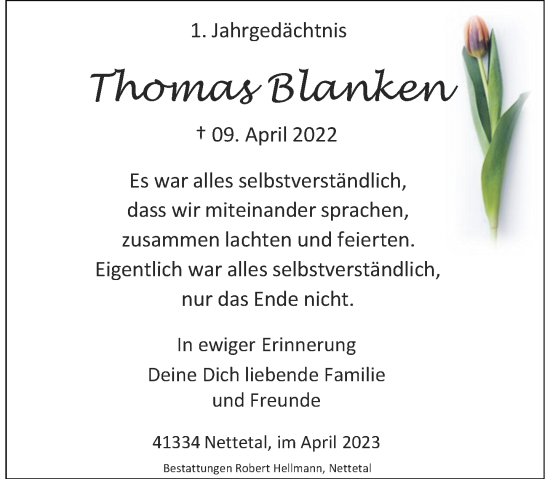 Traueranzeige von Thomas Blanken von Rheinische Post