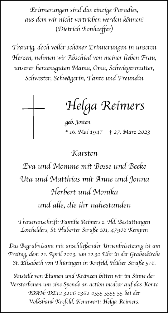  Traueranzeige für Trerea Reimers vom 08.04.2023 aus Rheinische Post