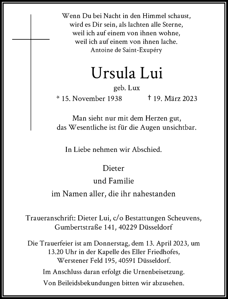  Traueranzeige für Ursula Lui vom 01.04.2023 aus Rheinische Post