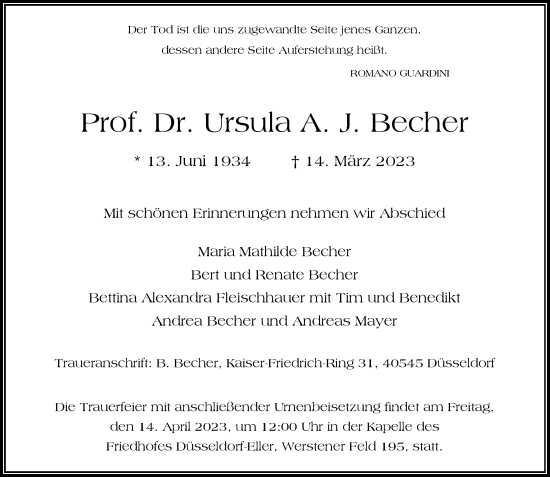 Traueranzeige von Ursula A.J. Becher von Rheinische Post