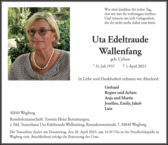 Traueranzeige von Uta Edeltraude Wallenfang von Rheinische Post