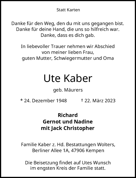 Traueranzeige von Ute Kaber von Rheinische Post