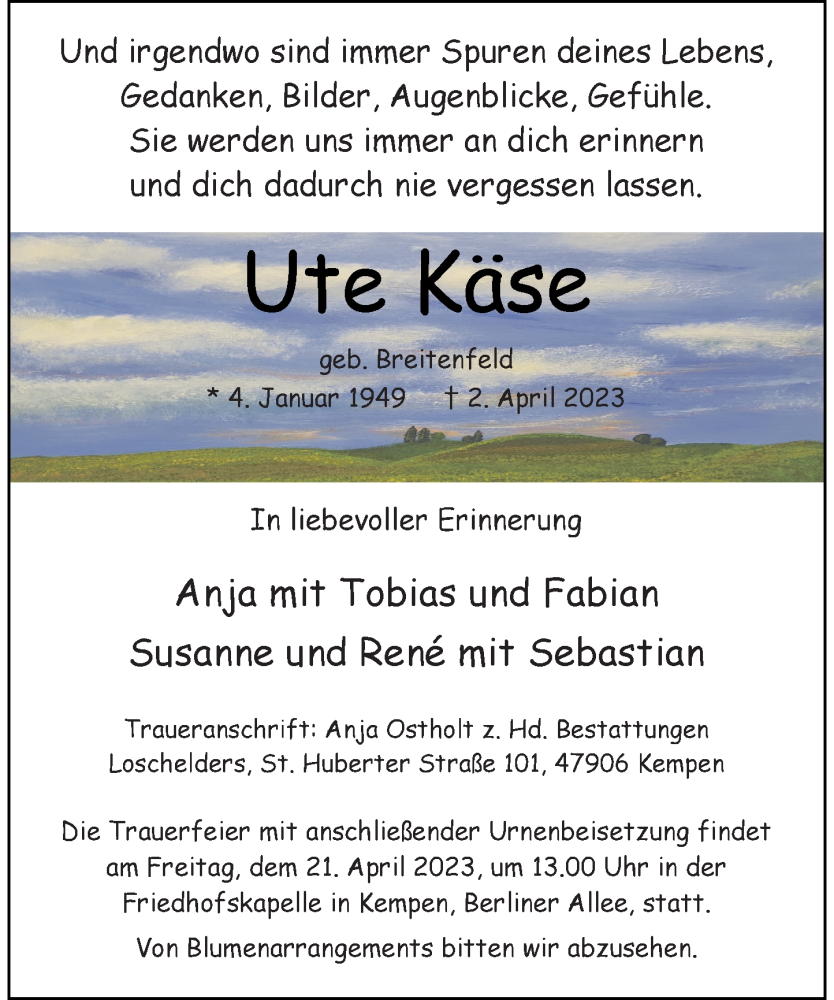  Traueranzeige für Ute Käse vom 15.04.2023 aus Rheinische Post