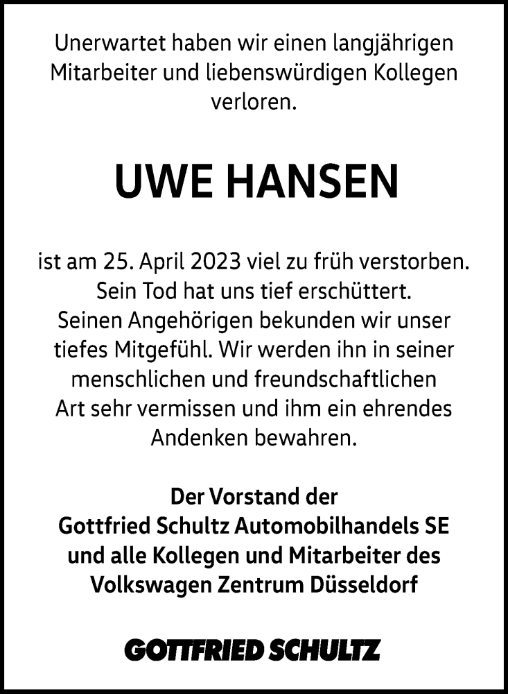  Traueranzeige für Uwe Hansen vom 29.04.2023 aus Rheinische Post