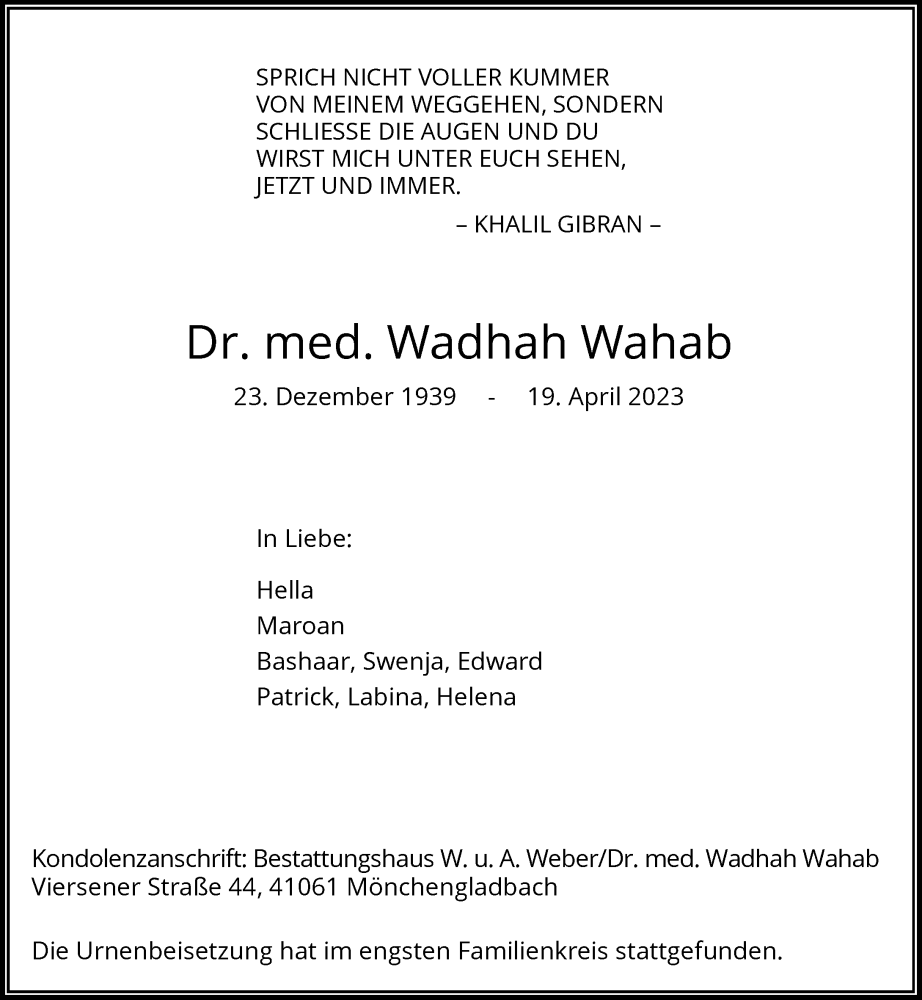  Traueranzeige für Wadhah Wahab vom 06.05.2023 aus Rheinische Post