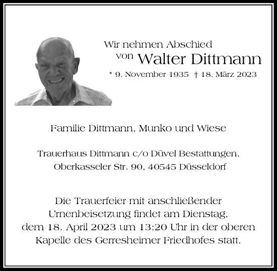 Traueranzeige von Walter Dittmann von Rheinische Post