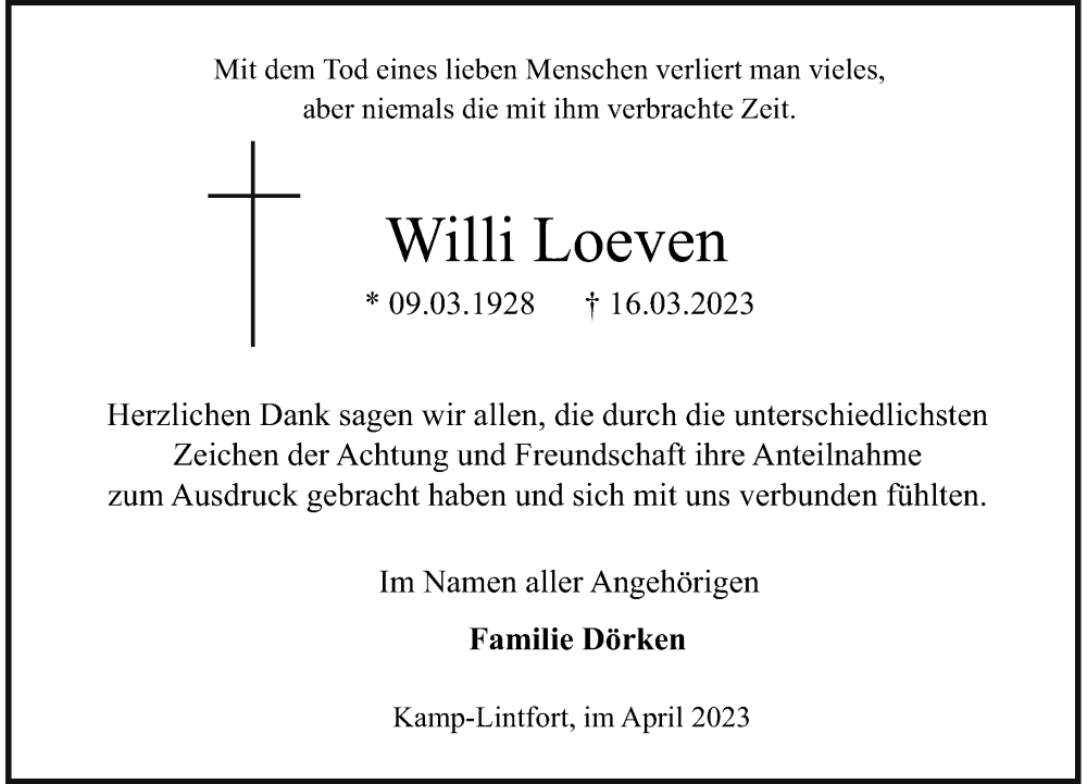  Traueranzeige für Willi Loeven vom 29.04.2023 aus Rheinische Post