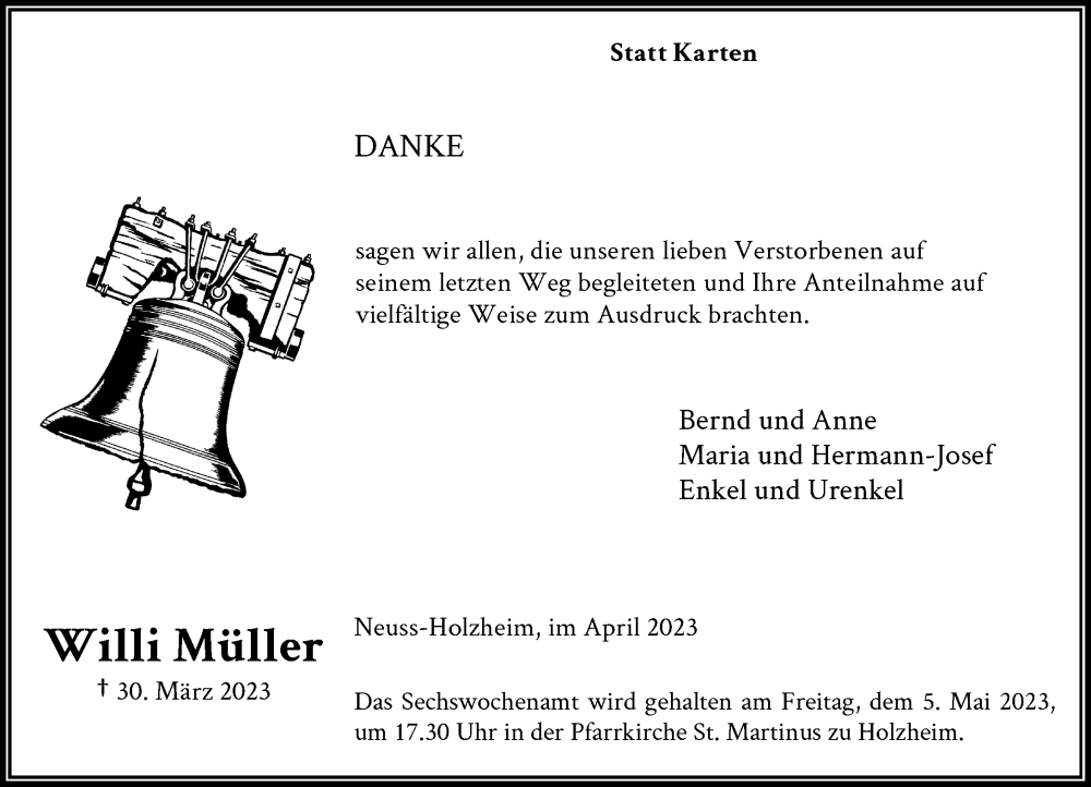  Traueranzeige für Willi Müller vom 29.04.2023 aus Rheinische Post