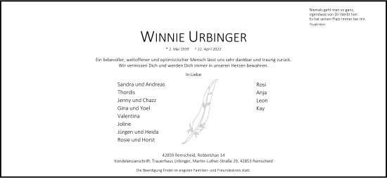 Traueranzeige von Winnie Urbinger von Rheinische Post