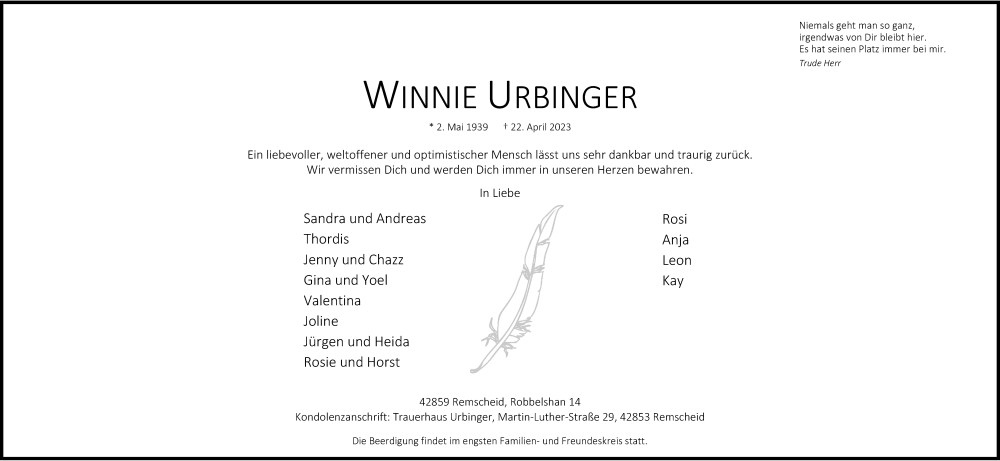  Traueranzeige für Winnie Urbinger vom 29.04.2023 aus Rheinische Post