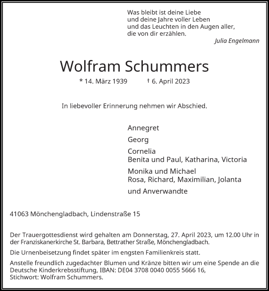 Traueranzeige von Wolfram Schummers von Rheinische Post
