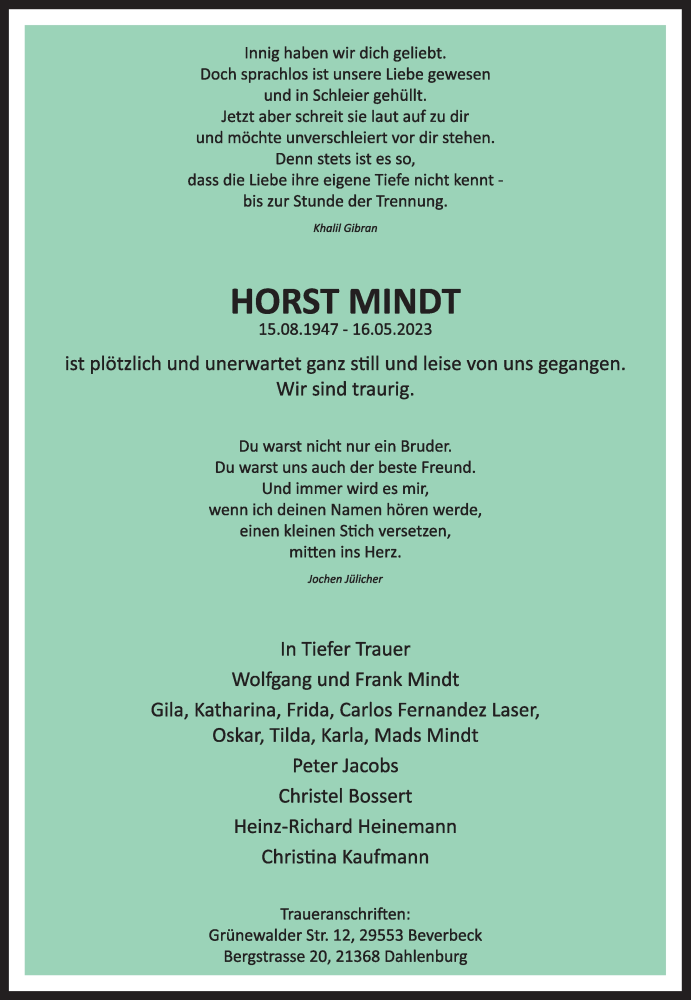  Traueranzeige für Horst Mindt vom 27.05.2023 aus Rheinische Post