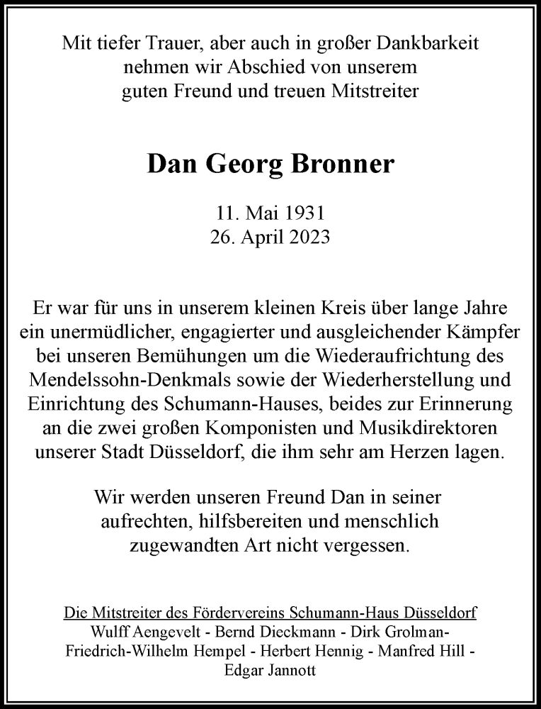  Traueranzeige für Dan Georg Bronner vom 29.04.2023 aus Rheinische Post